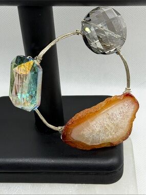 Amazing Silver tone wire Bangle Bracelet carnelian druzy faceted glass chunky